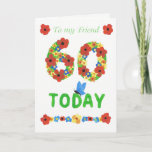 Cartão 60th aniversário floral bonito, para o amigo<br><div class="desc">60th um cartão de aniversário bonito, floral para um amigo. Os números são compor das flores e uma borboleta azul ?a nas letras. Este design estado de uma colagem de papel pintado à mão por Judy Adamson e é igualmente disponível como um cartão dianteiro feito sob encomenda. Você pode editar...</div>