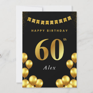 Cartão 60th Birthday Card Black and Gold Balloons