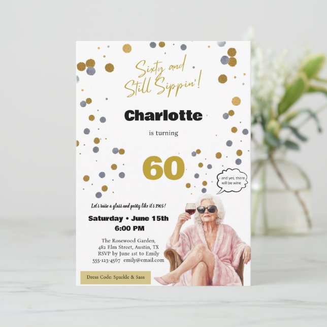 Cartão 60th Birthday Invitation • Funny Wine Party (Em pé/Frente)
