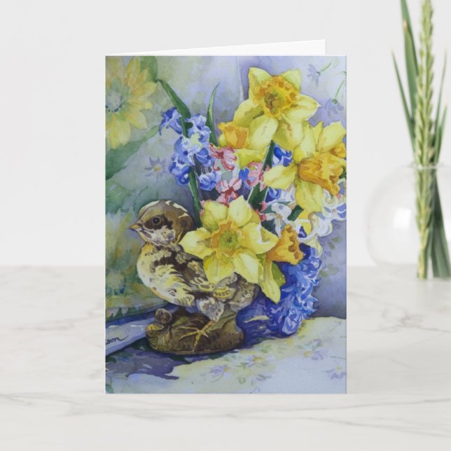 Cartão 6296 Daffodils in Bird Planter Birthday Card (Frente)