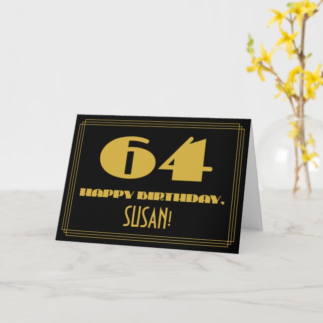 Cartão 64.º Aniversário: Nome + Art Deco Inspiraram "64" (Flor Amarela)