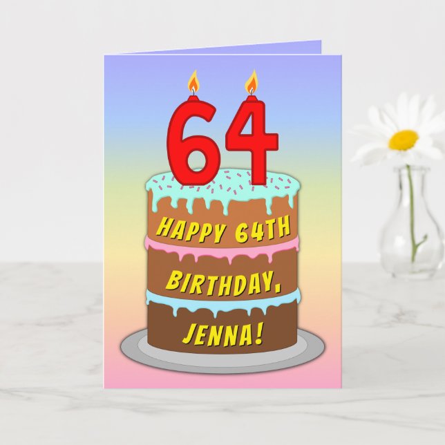 Cartão 64th Birthday — Fun Cake & Candles, w/ Custom Name (Planta pequena)