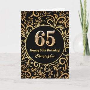 Cartão 65.º Aniversário Padrão Floral Dourado e Preto