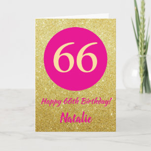 Cartão 66.º aniversário feliz, rosa quente e Dourado