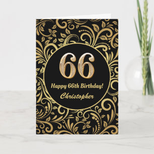 Cartão 66.º Aniversário Padrão Floral Dourado e Preto