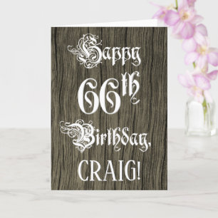 Cartão 66.o aniversário: Rico, Texto Elegante; Faux Wood