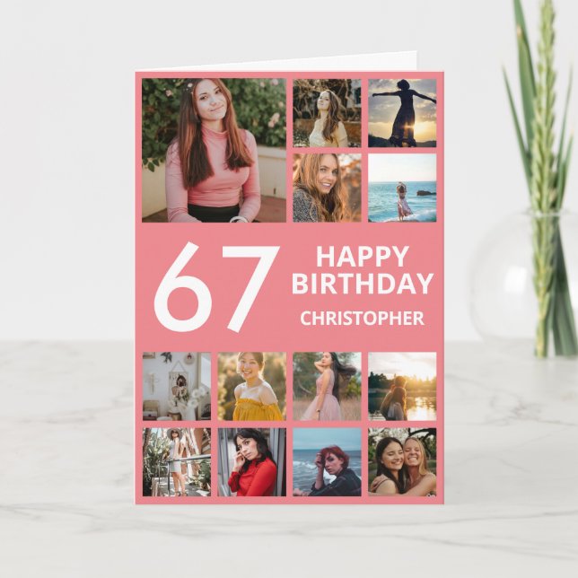 Cartão 67.º Aniversário Colagem de Fotos 13 Fotos Rosa e  (Frente)