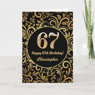 Cartão 67.º Aniversário Padrão Floral Dourado e Preto