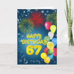 Cartão 67th Birthday card with fireworks and balloons