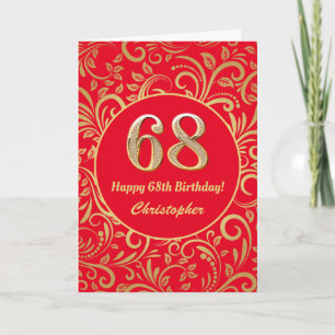 Cartão 68.º Aniversário, Vermelho e Dourado Padrão Flo