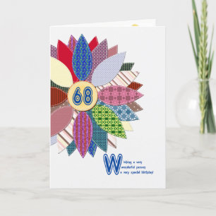Cartão 68 years old, stitched flower birthday