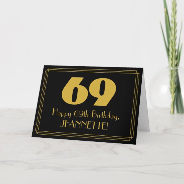 Cartão 69.º aniversário: Art Deco Inspirou "69" & Nome (Frente)