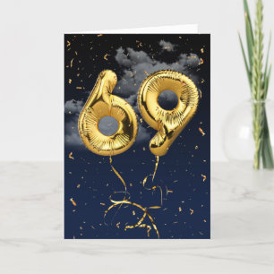 Cartão 69.º Aniversário do Balão Mylar Dourado e do Ca