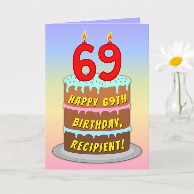 Cartão 69.o aniversário — Bolo e Velas Divertidas, com no (Planta pequena)