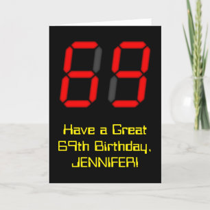 Cartão 69th Birthday: Red Digital Clock Style "69" + Name