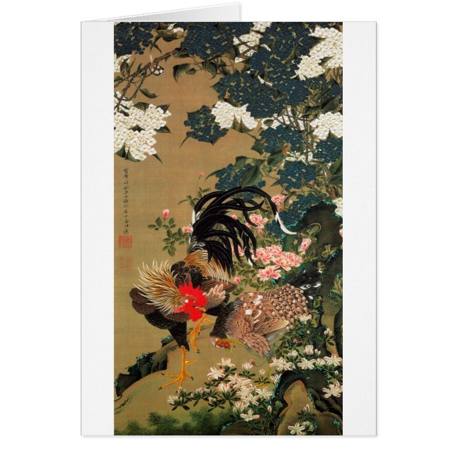 Cartão 6. 紫 陽 双 図 鶏, 若 花 Hydrangea e Rooster, Jakuchu (Frente)