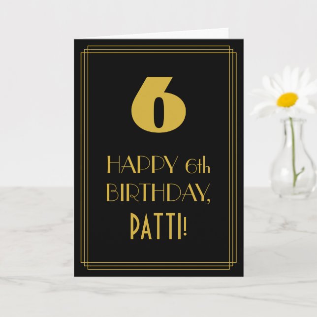 Cartão 6 Aniversário ~ Arte Deco Inspirou Olhar "6" & Nom (Planta pequena)