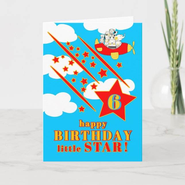 Cartão 6th Birthday Little Star Cute Animals in a Plane (Frente)