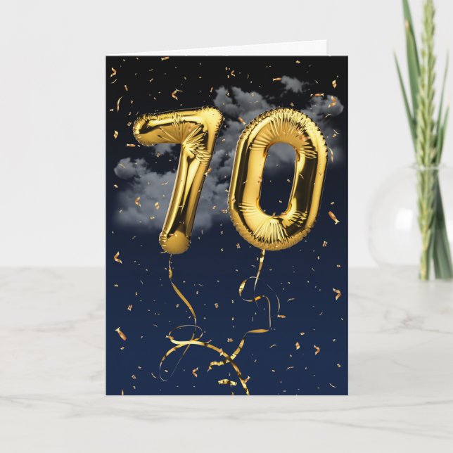 Cartão 70 Birthday Dourado Mylar Balloon e Confetti Card (Frente)