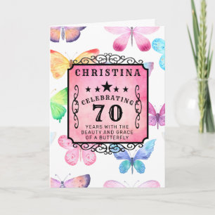 Cartão 70 Birthday Pink Watercolor Butterfly Saudação