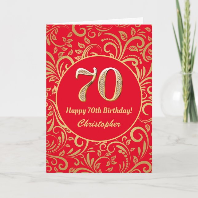 Cartão 70 Birthday Red e Dourado Padrão Floral (Frente)