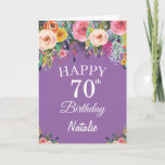 Cartão 70 Birthday Watercolor Floral Flowers Roxo<br><div class="desc">70 Birthday Watercolor Floral Flowers Purple Card com nome e idade personalizados. Para mais personalização,  clique no botão "Personalizar" e use a ferramenta design para modificar este modelo.</div>