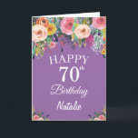 Cartão 70 Birthday Watercolor Floral Flowers Roxo<br><div class="desc">70 Birthday Watercolor Floral Flowers Purple Card com nome e idade personalizados. Para mais personalização,  clique no botão "Personalizar" e use a ferramenta design para modificar este modelo.</div>