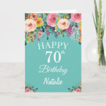 Cartão 70 Birthday Watercolor Floral Flowers Teal<br><div class="desc">70 Birthday Watercolor Floral Flowers Teal Card com nome e idade personalizados. Para mais personalização,  clique no botão "Personalizar" e use a ferramenta design para modificar este modelo.</div>