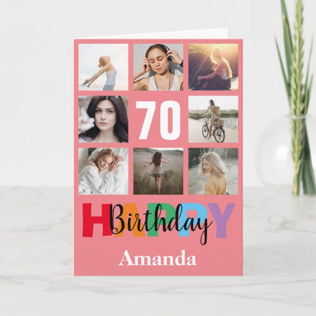 Cartão 70 Happy Birthday Photo Collage Modern Pink Card (Frente)
