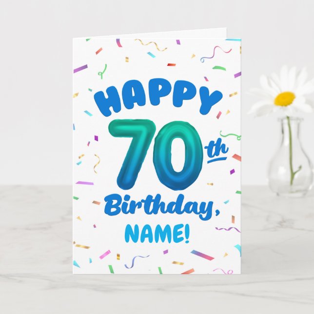 Cartão 70th Balloon Number Custom Name Birthday Card (Planta pequena)