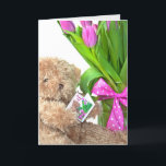 Cartão 70th Birthday teddy bear with tulip bouquet<br><div class="desc">Brown teddy bear with pink tulip bouquet holding a greeting card for 70th birthday congratulations</div>