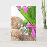Cartão 70th Birthday teddy bear with tulip bouquet<br><div class="desc">Brown teddy bear with pink tulip bouquet holding a greeting card for 70th birthday congratulations</div>