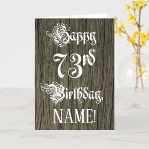 Cartão 73.o aniversário: Rico, Texto Elegante; Faux Wood