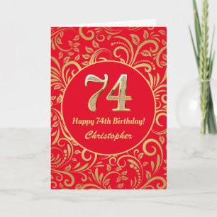 Cartão 74.º Aniversário, Vermelho e Dourado Padrão Floral