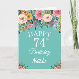 Cartão 74.o Aniversário Flores de Aquarela Teal