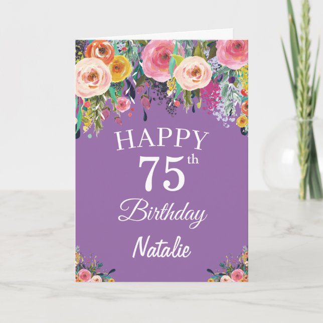 Cartão 75. º Aniversário Flores de Aquarelas Roxo (Frente)
