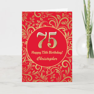 Cartão 75.º Aniversário, Vermelho e Dourado Padrão Floral