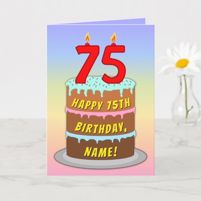 Cartão 75th Birthday — Fun Cake & Candles, w/ Custom Name (Planta pequena)