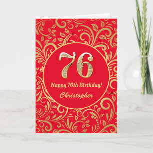 Cartão 76.º Aniversário, Vermelho e Dourado Padrão Flo