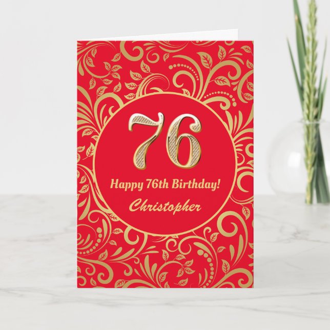 Cartão 76.º Aniversário, Vermelho e Dourado Padrão Floral (Frente)