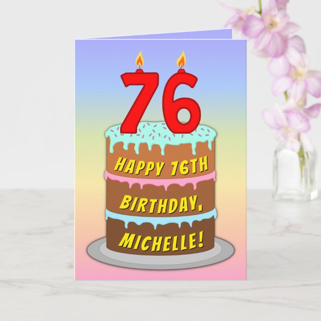 Cartão 76th Birthday — Fun Cake & Candles, w/ Custom Name (Orquídea)