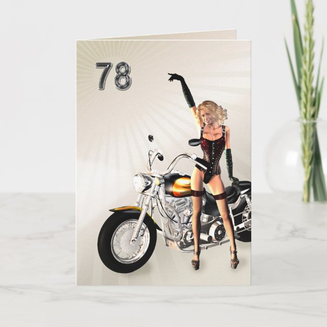 Cartão 78º aniversário, moto e moça (Frente)
