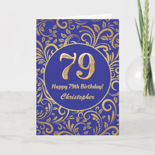 Cartão 79º Aniversário Marinho Azul e Dourado Padrão F
