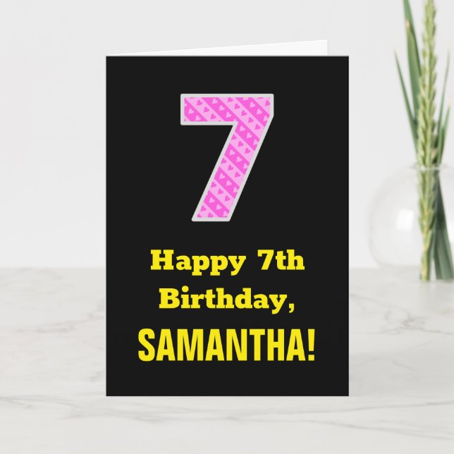 Cartão 7 Aniversário: Listras e Corações Rosa "7" + Nome (Frente)
