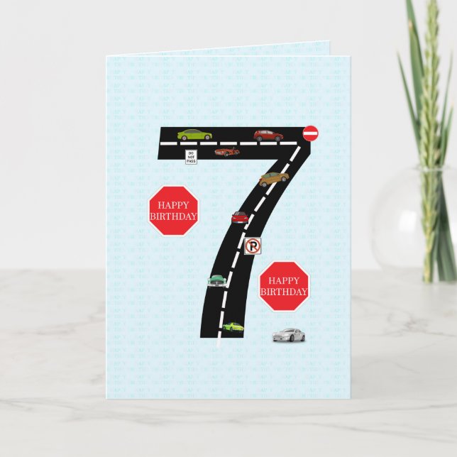 Cartão 7 anos, 7, carros de brinquedos e estrada (Frente)