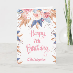 Cartão 7 Birthday Aquarela Cor Botânica Rosa Floral