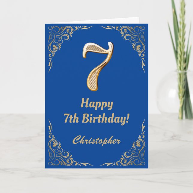 Cartão 7 Birthday Blue e Dourado quadro Glitter (Frente)