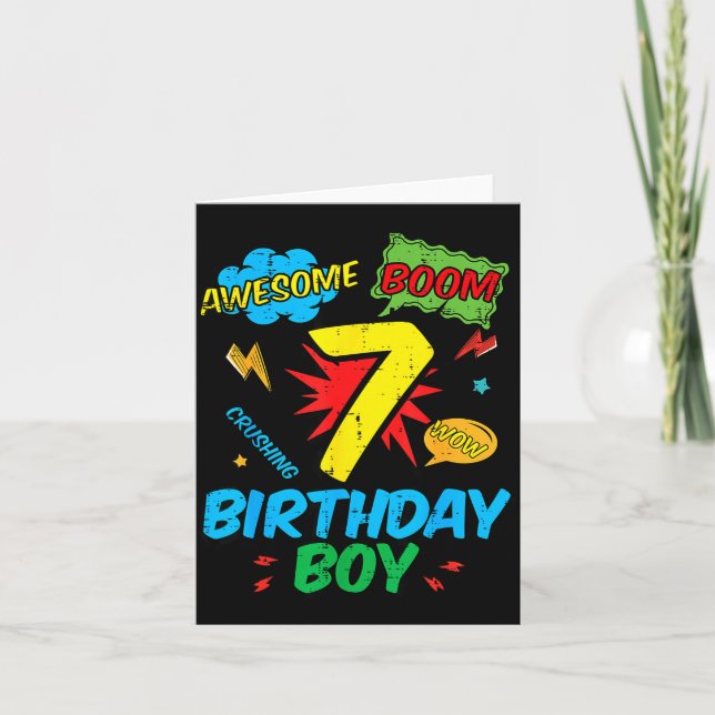Cartão 7 Birthday Boy Comic Cool 7th Bday Superhero Party (Frente)
