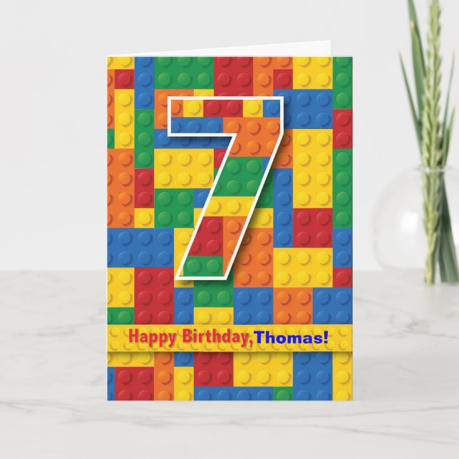Cartão 7 Birthday Boy, Stacking Blocks, Personalizar (Frente)