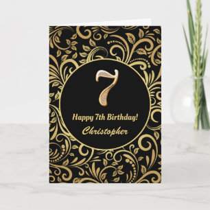 Cartão 7 Birthday - Padrão Floral Dourado e Preto